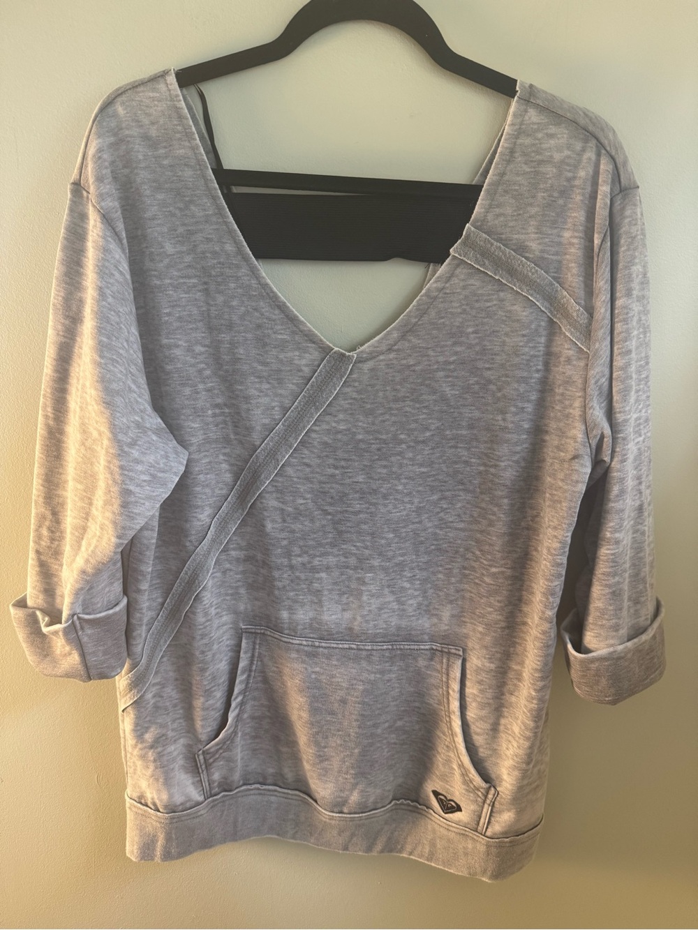 ROXY Women's V-Neck Sweatshirt Fleece with Kangaroo Pocket Light Gray Size XL
